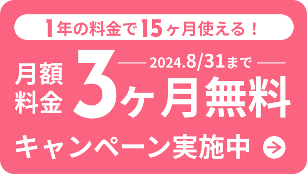 月額料金3ヶ月無料。1年の料金で15ヶ月使える！キャンペーン実施中。2024.8/31まで